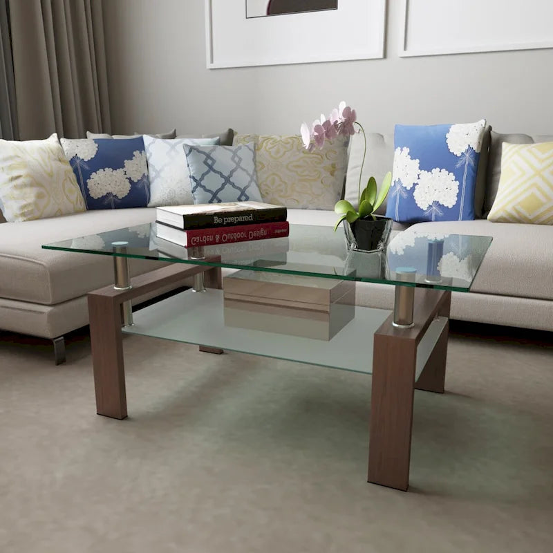 Table basse rectangulaire en noyer et verre, table basse transparente, tables d'appoint et centrales modernes pour salon, meubles de salon
