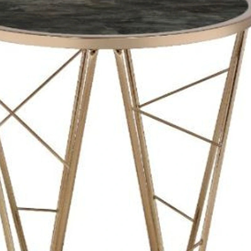 24 Table d'appoint ronde en verre et métal imitation marbre noir et champagne