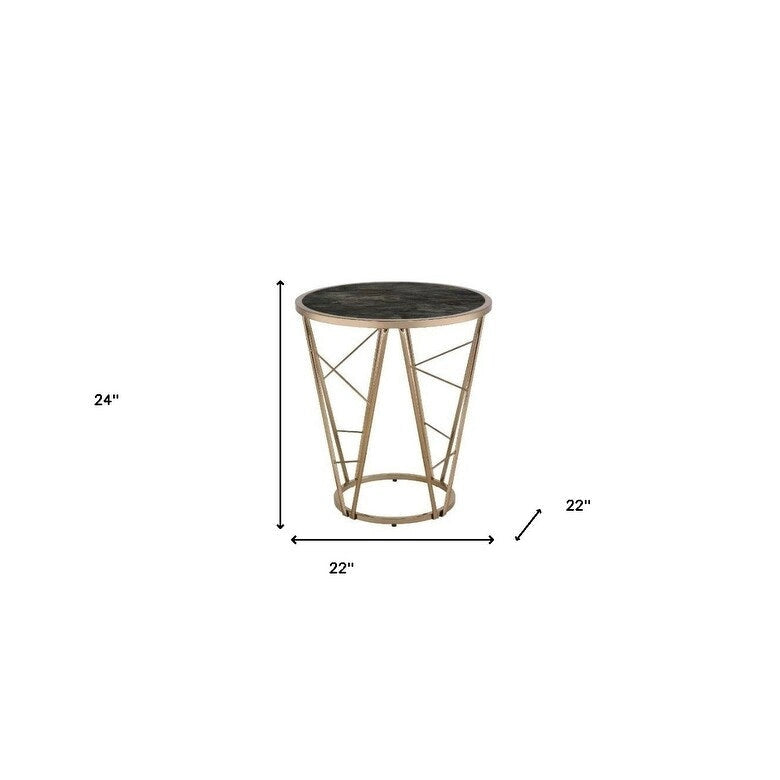 24 Table d'appoint ronde en verre et métal imitation marbre noir et champagne