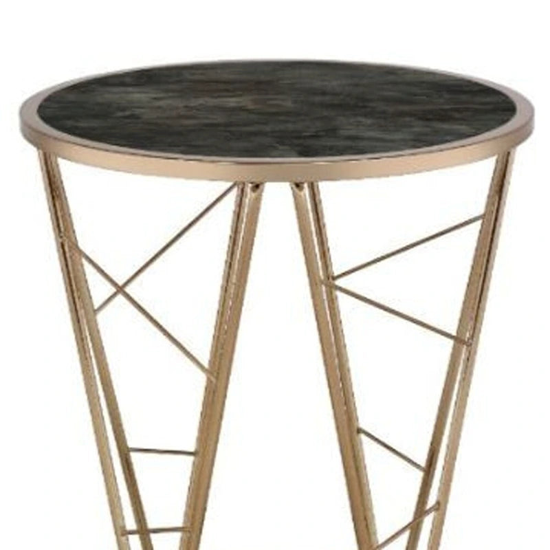 24 Table d'appoint ronde en verre et métal imitation marbre noir et champagne