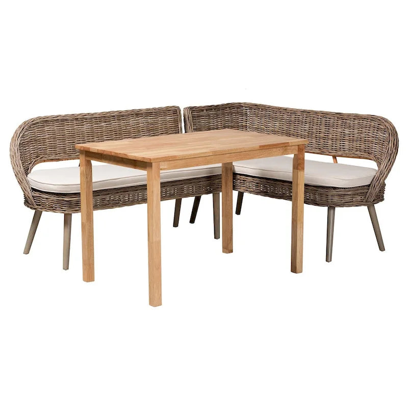 Ensemble Coin Repas Banc et Table en Bois avec Rotin Kubu Naturel Style Bohème Moderne