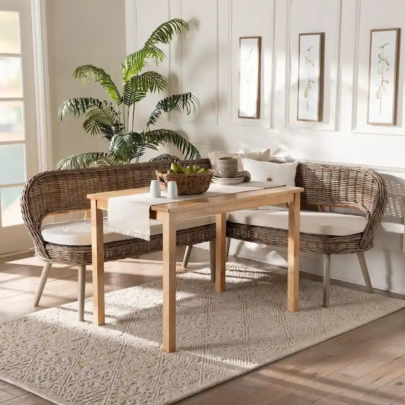 Ensemble Coin Repas Banc et Table en Bois avec Rotin Kubu Naturel Style Bohème Moderne