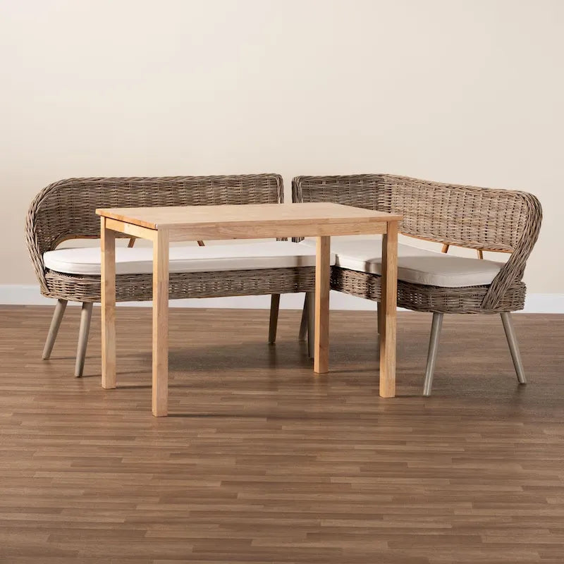Ensemble Coin Repas Banc et Table en Bois avec Rotin Kubu Naturel Style Bohème Moderne