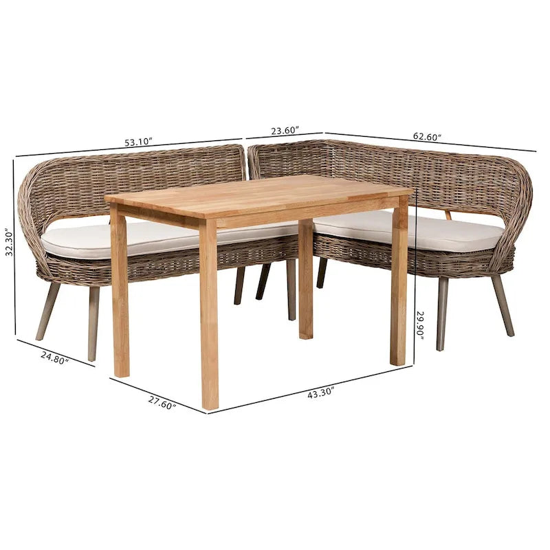 Ensemble Coin Repas Banc et Table en Bois avec Rotin Kubu Naturel Style Bohème Moderne