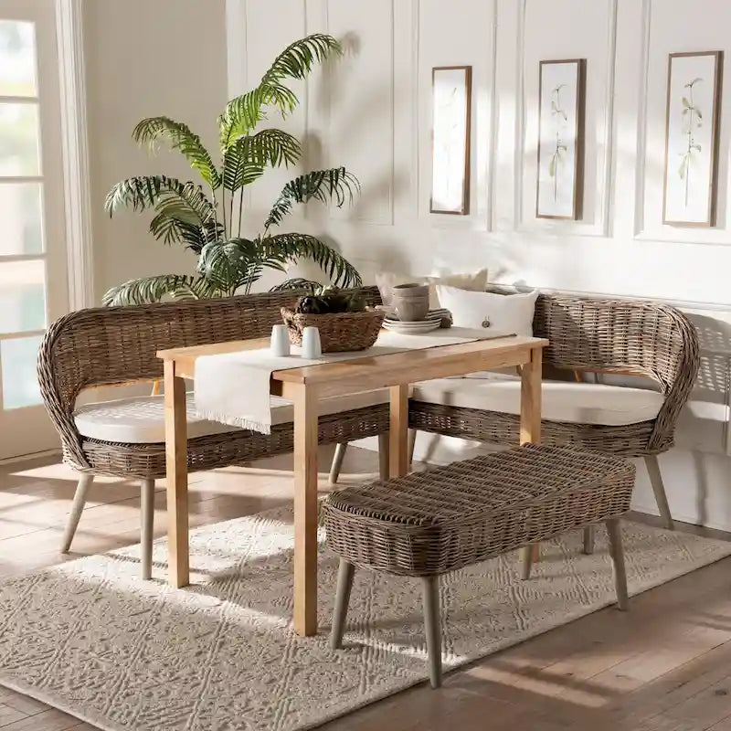 Ensemble Coin Repas Banc et Table en Bois avec Rotin Kubu Naturel Style Bohème Moderne