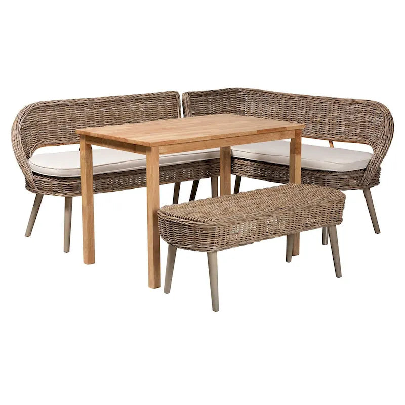 Ensemble Coin Repas Banc et Table en Bois avec Rotin Kubu Naturel Style Bohème Moderne