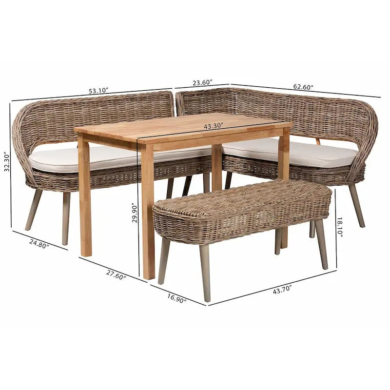 Ensemble Coin Repas Banc et Table en Bois avec Rotin Kubu Naturel Style Bohème Moderne