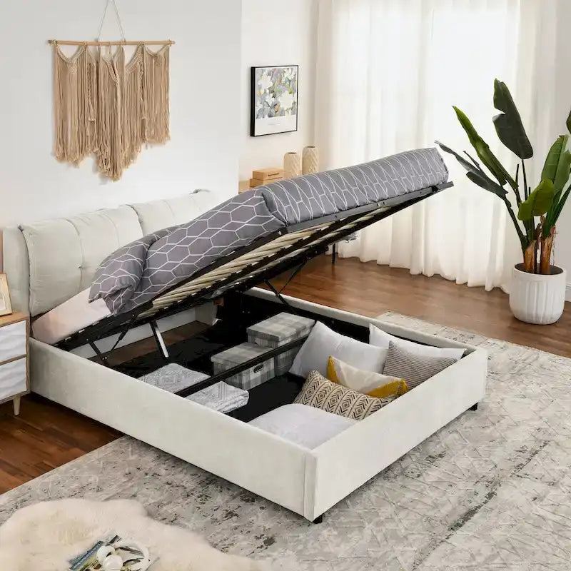 Lit plateforme hydraulique rembourré de rangement Queen Size avec tête de lit intégrée, tissu chenille