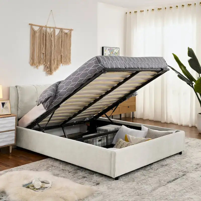 Lit plateforme hydraulique rembourré de rangement Queen Size avec tête de lit intégrée, tissu chenille