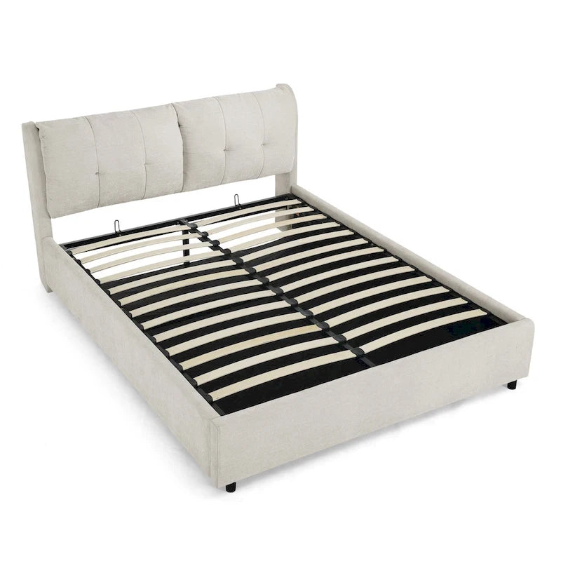 Lit plateforme hydraulique rembourré de rangement Queen Size avec tête de lit intégrée, tissu chenille