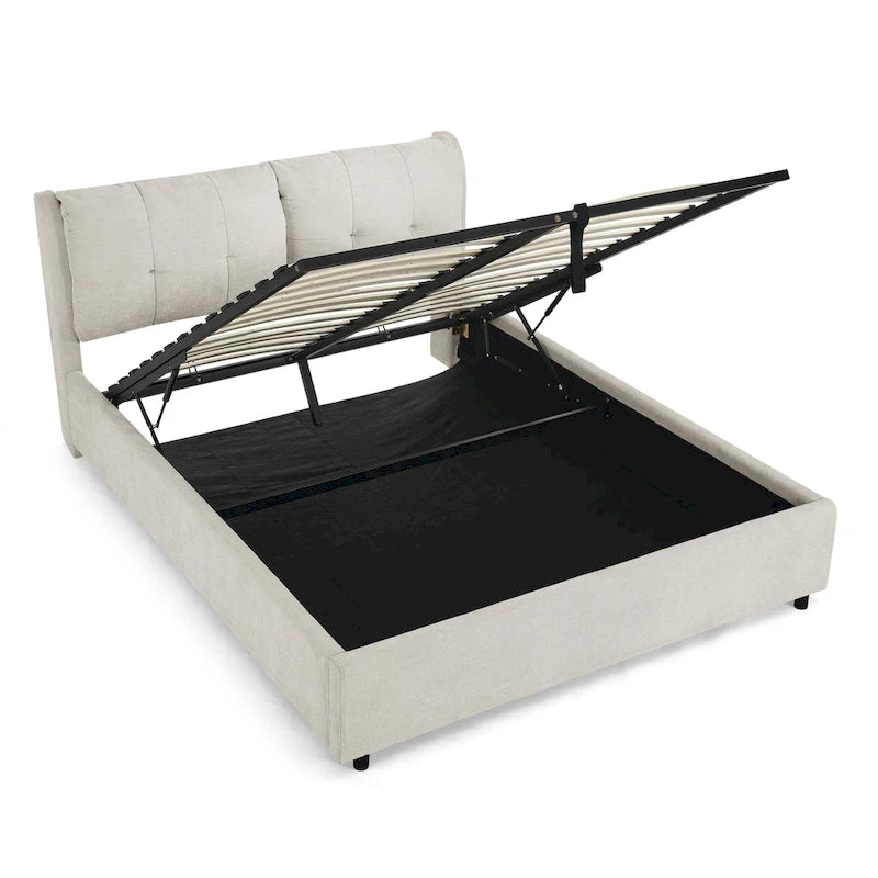 Lit plateforme hydraulique rembourré de rangement Queen Size avec tête de lit intégrée, tissu chenille