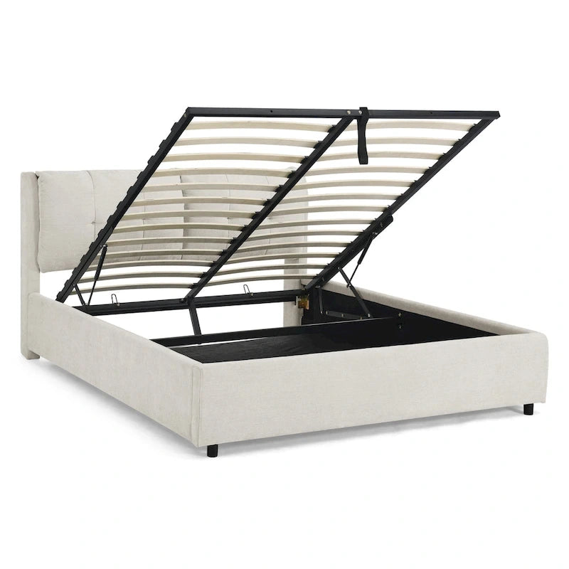Lit plateforme hydraulique rembourré de rangement Queen Size avec tête de lit intégrée, tissu chenille