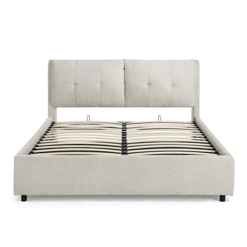 Lit plateforme hydraulique rembourré de rangement Queen Size avec tête de lit intégrée, tissu chenille