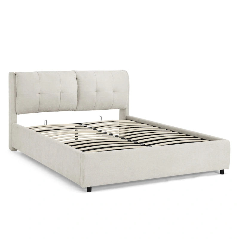 Lit plateforme hydraulique rembourré de rangement Queen Size avec tête de lit intégrée, tissu chenille