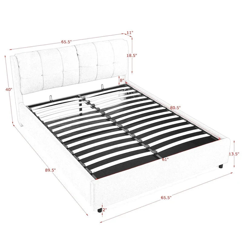 Lit plateforme hydraulique rembourré de rangement Queen Size avec tête de lit intégrée, tissu chenille