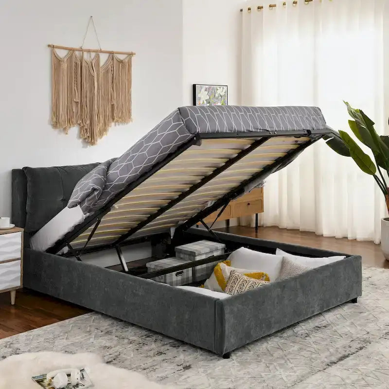 Lit plateforme hydraulique rembourré de rangement Queen Size avec tête de lit intégrée, tissu chenille