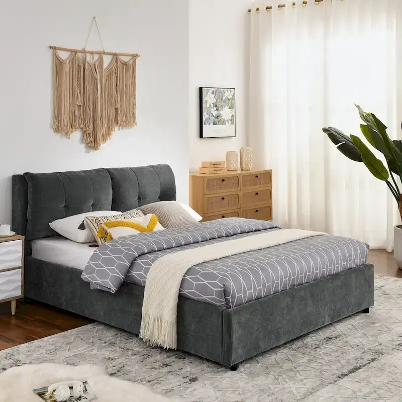 Lit plateforme hydraulique rembourré de rangement Queen Size avec tête de lit intégrée, tissu chenille