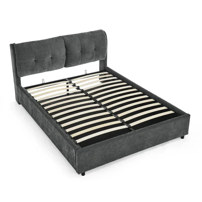 Lit plateforme hydraulique rembourré de rangement Queen Size avec tête de lit intégrée, tissu chenille