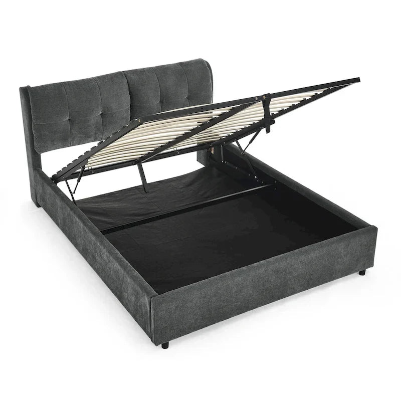 Lit plateforme hydraulique rembourré de rangement Queen Size avec tête de lit intégrée, tissu chenille