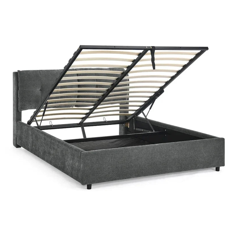 Lit plateforme hydraulique rembourré de rangement Queen Size avec tête de lit intégrée, tissu chenille