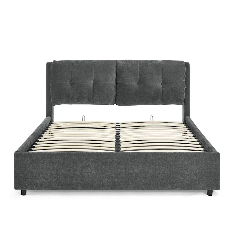 Lit plateforme hydraulique rembourré de rangement Queen Size avec tête de lit intégrée, tissu chenille