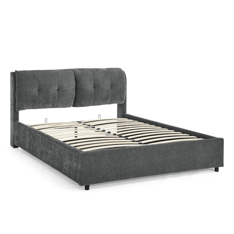 Lit plateforme hydraulique rembourré de rangement Queen Size avec tête de lit intégrée, tissu chenille