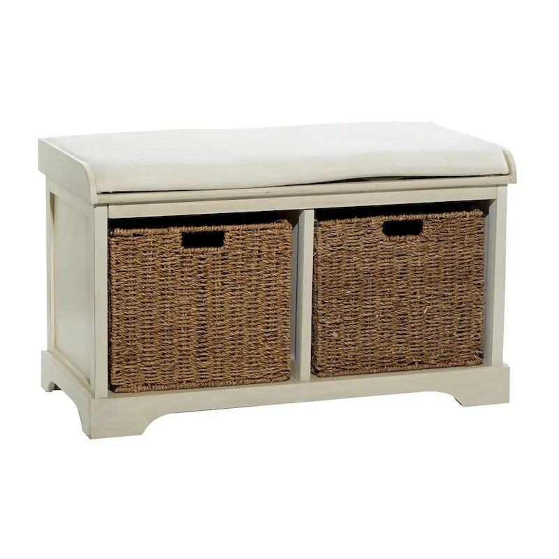 Banc de rangement en bois avec paniers en jacinthe d'eau brune et coussin d'assise