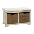 Banc de rangement en bois avec paniers en jacinthe d'eau brune et coussin d'assise