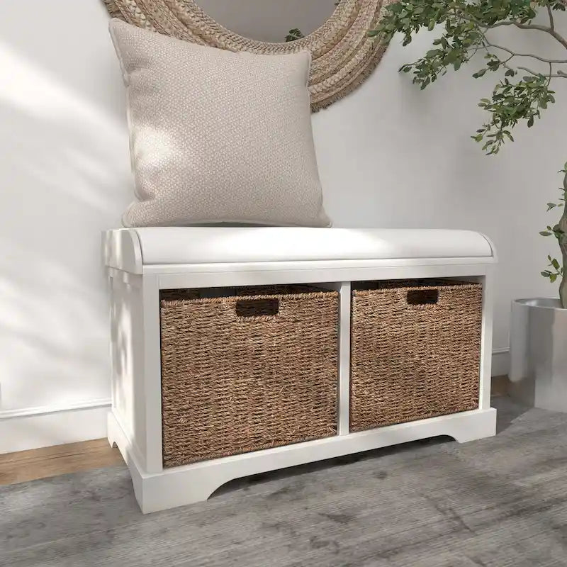 Banc de rangement en bois avec paniers en jacinthe d'eau brune et coussin d'assise