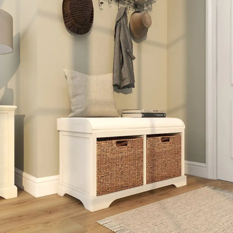 Banc de rangement en bois avec paniers en jacinthe d'eau brune et coussin d'assise