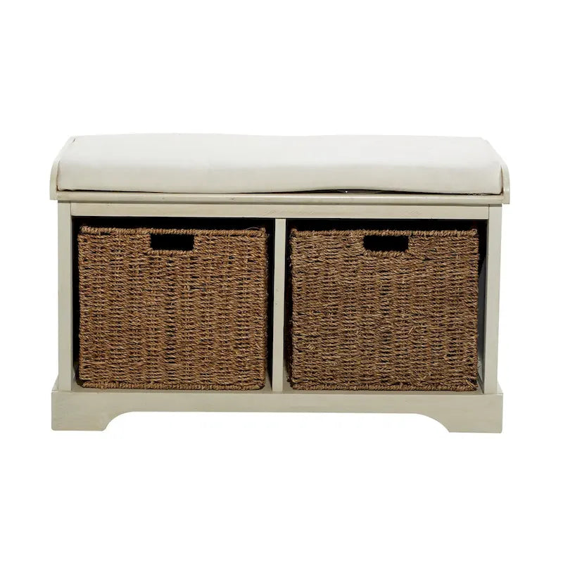Banc de rangement en bois avec paniers en jacinthe d'eau brune et coussin d'assise