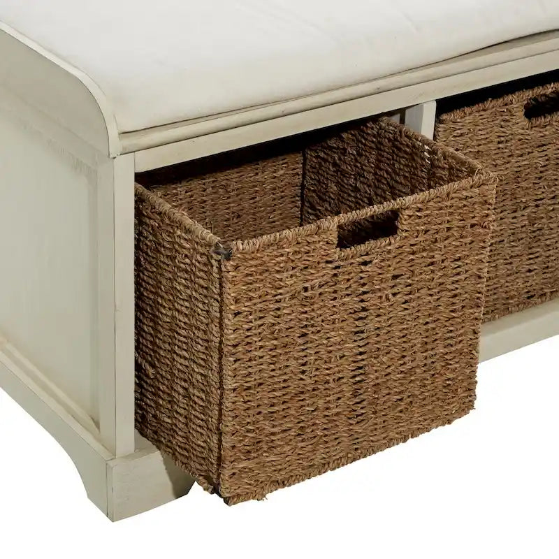 Banc de rangement en bois avec paniers en jacinthe d'eau brune et coussin d'assise