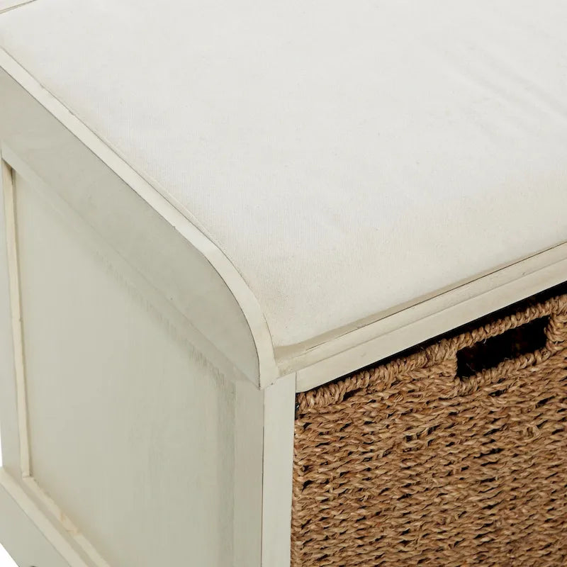 Banc de rangement en bois avec paniers en jacinthe d'eau brune et coussin d'assise