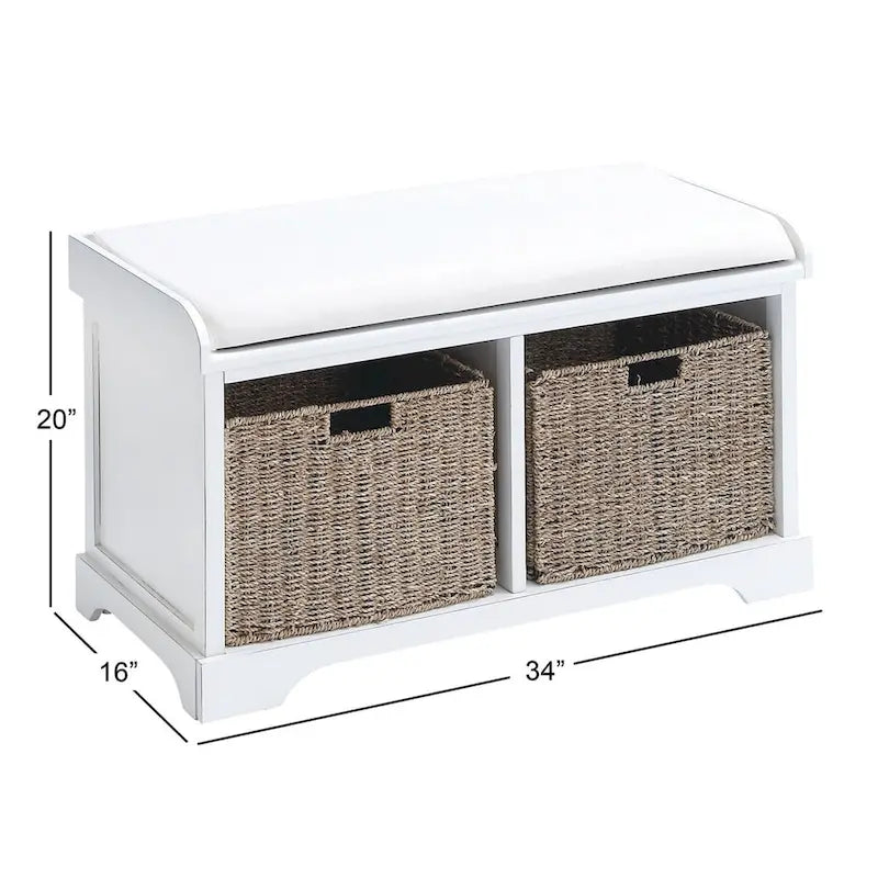 Banc de rangement en bois avec paniers en jacinthe d'eau brune et coussin d'assise